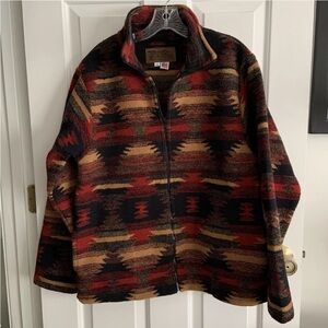 VTG Bear Ridge Outfitters Aztec Jacket Womens XL Red Tan Blanket Fleece USA